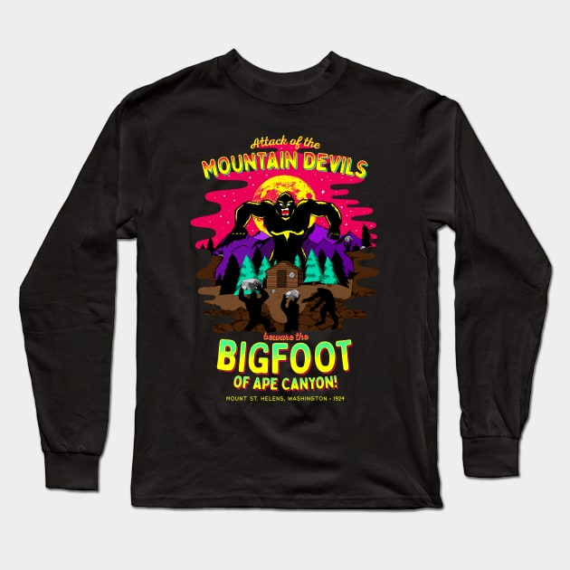 Bigfoot Battle of Ape Canyon Mt St Helens 1924 Retro Cryptid Long Sleeve T-Shirt by Strangeology